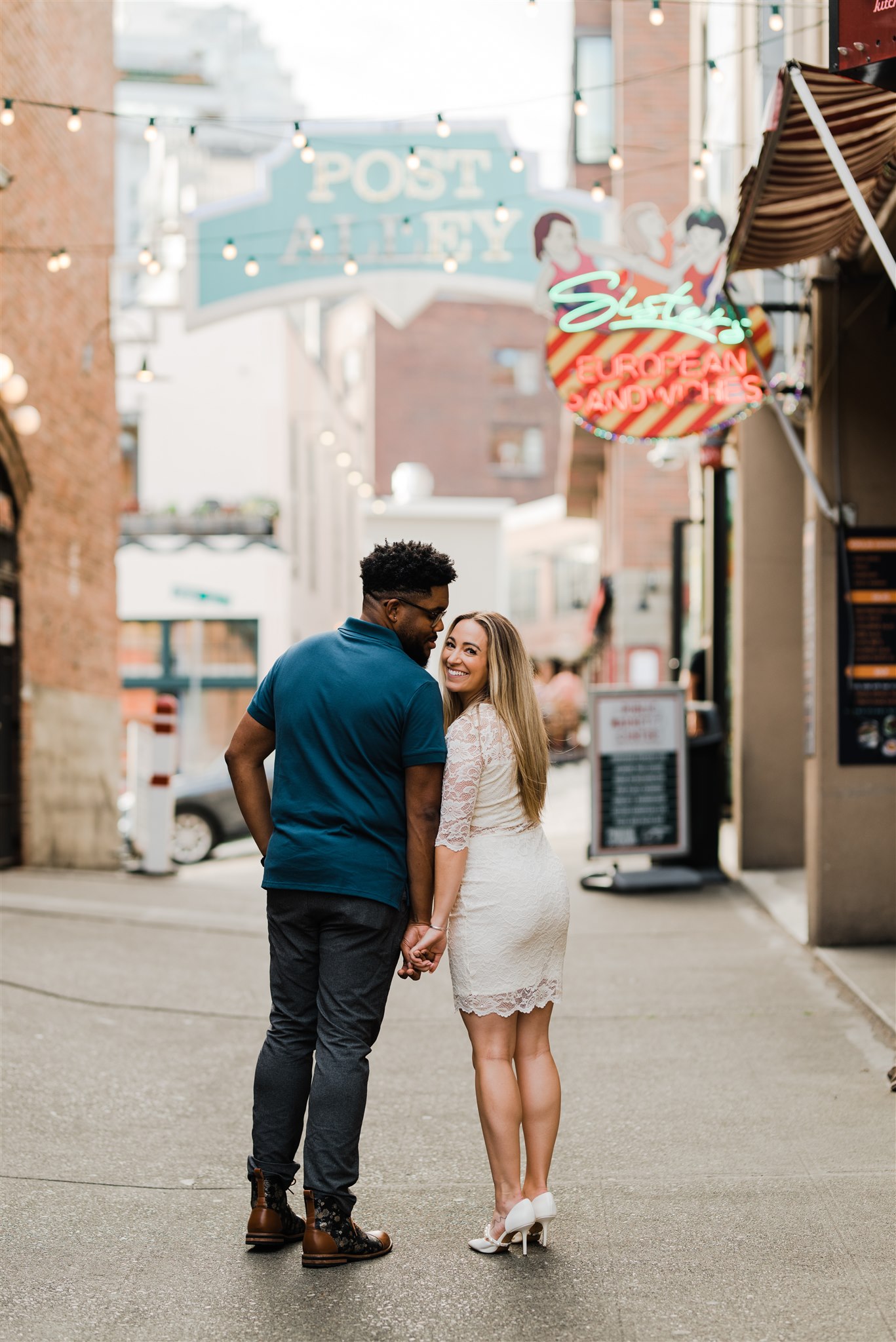 Pike Place Market Engagement Photos, Post Alley Engagement, Seattle Engagement Photographer, Captured by Candace Photography