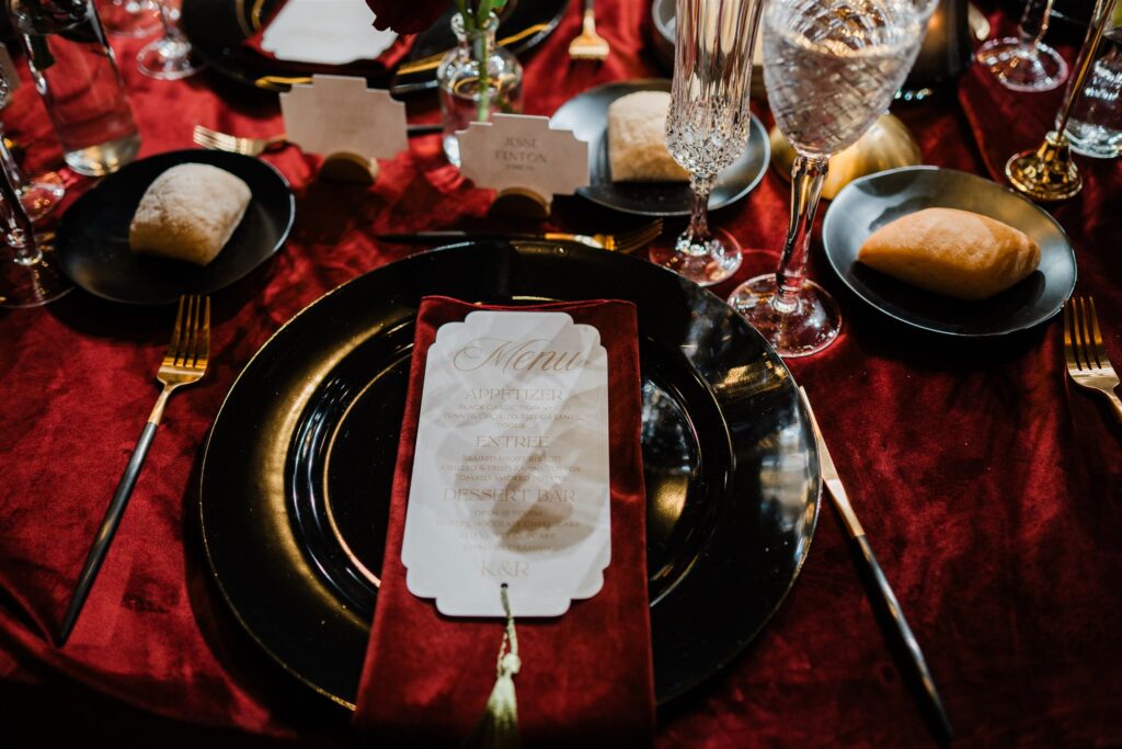Lotte Hotel Seattle wedding reception place setting with custom menu and elegant table styling