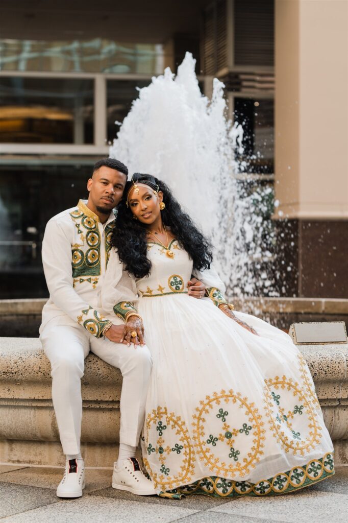 wedding portrait of  during a two-day Eritrean wedding at the Hyatt with traditional attire and cultural details