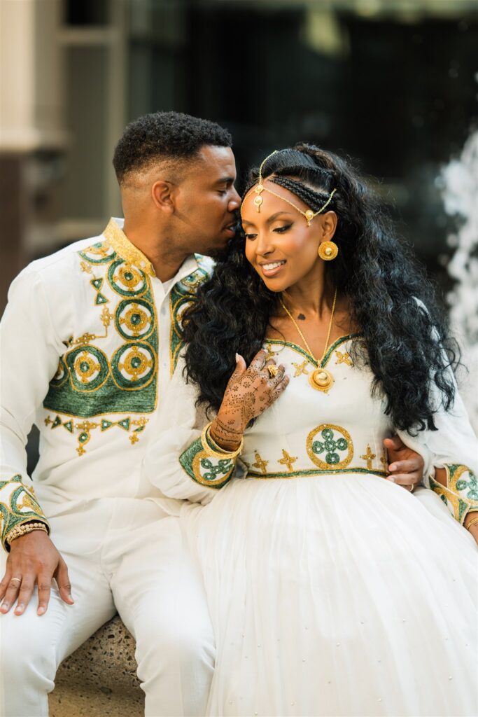 Bride getting ready during a two-day Eritrean wedding at the Hyatt, featuring traditional attire and cultural adornment