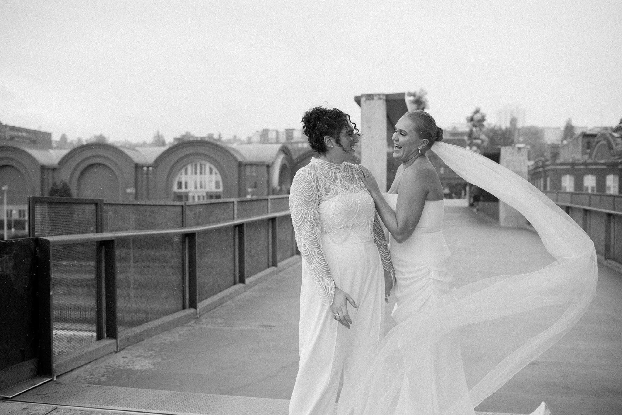 Brides Laughing During Rain, PNW Wedding