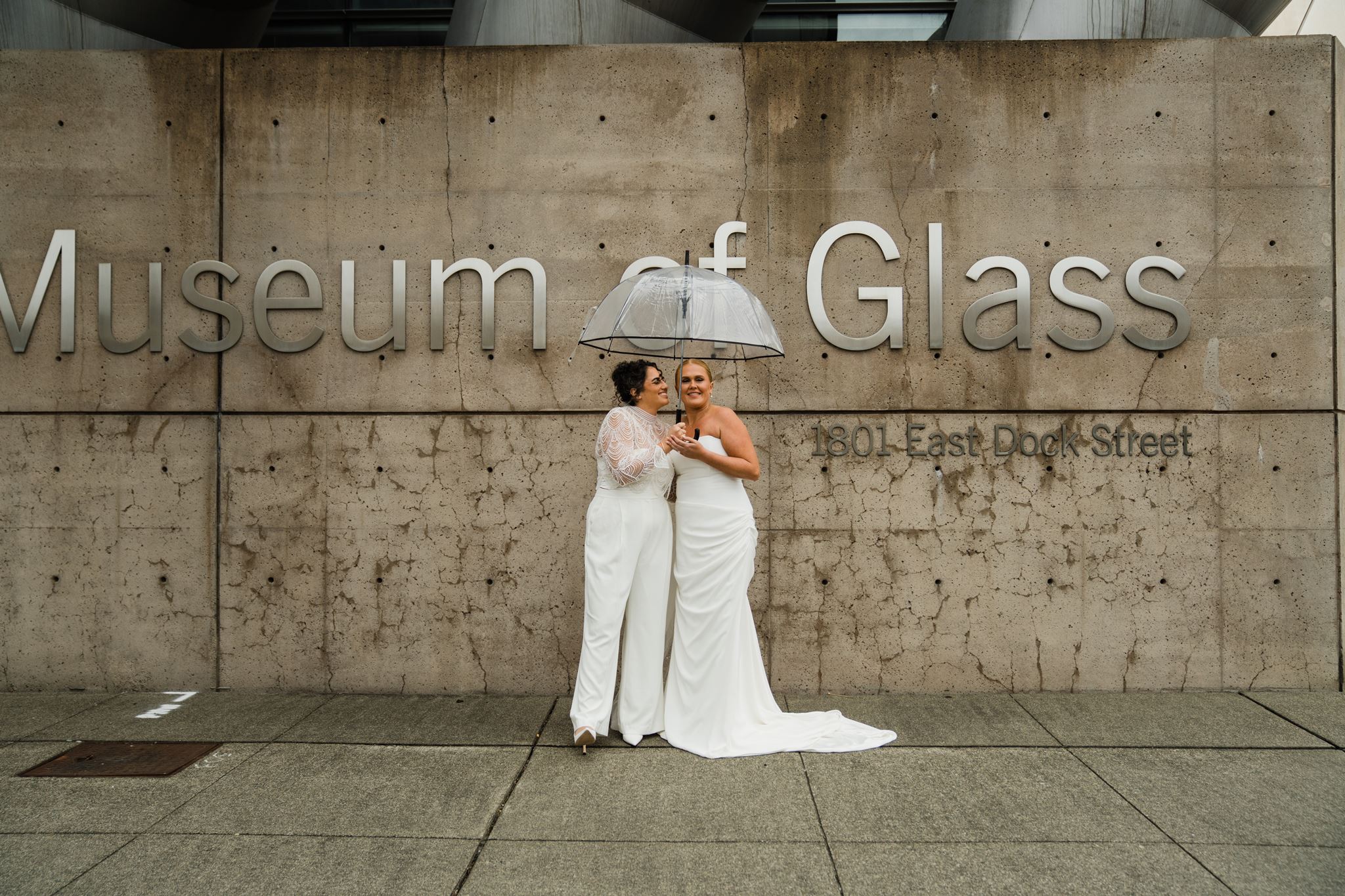 Brides Taking Photos Outside Museum of Glass on Wedding Day