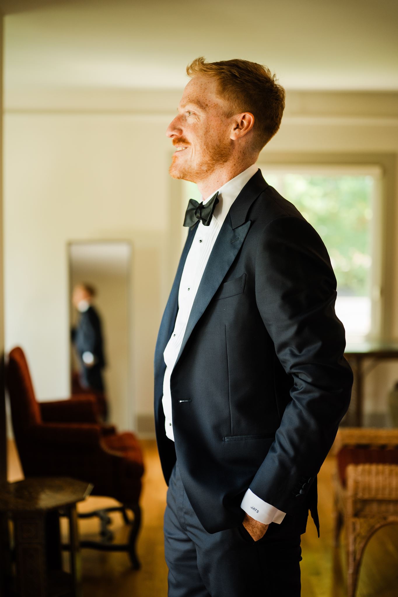 Groom Prepares for Wedding Day in Getting Ready Suite at Carnation Farms