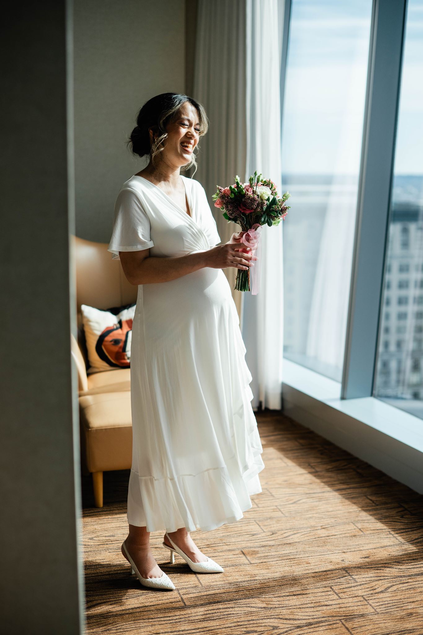 Bride to be at Hotel, Preparing for Courthouse Wedding