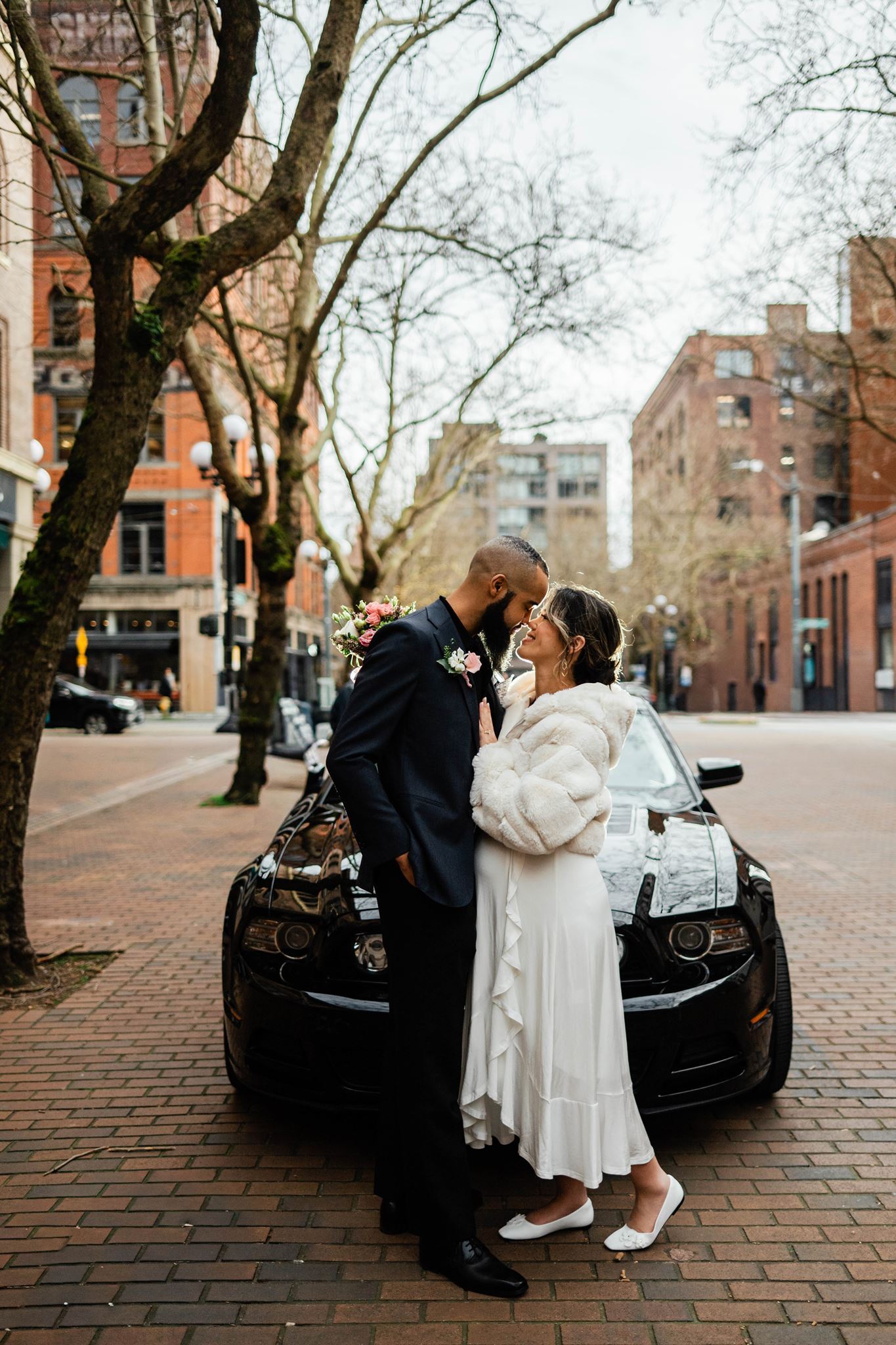 Newlywed Couple Portrait Taken in Streets of Seattle After Courthouse Wedding